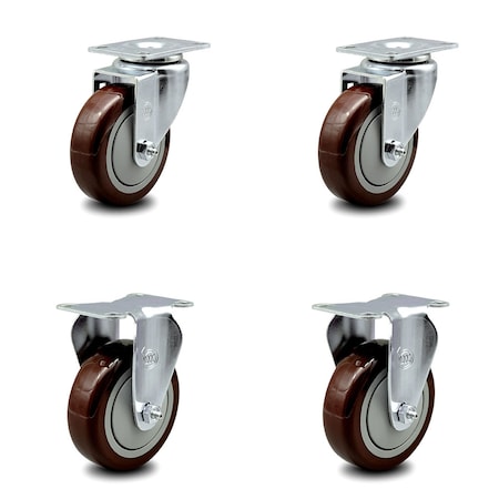 Service Caster 4 Inch Maroon Polyurethane Wheel Swivel Top Plate Caster Set with 2 Rigid SCC SCC-20S414-PPUB-MRN-TP2-2-R-2